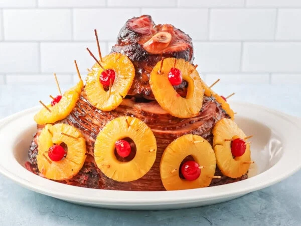 Christmas ham on a serving tray.
