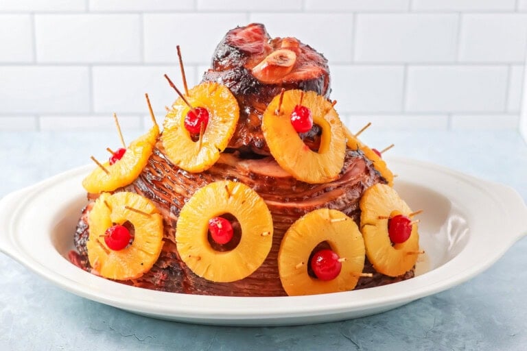 Christmas ham on a serving tray.