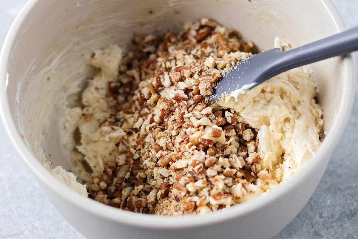 Cream cheese and pean filling in a mixing bowl.