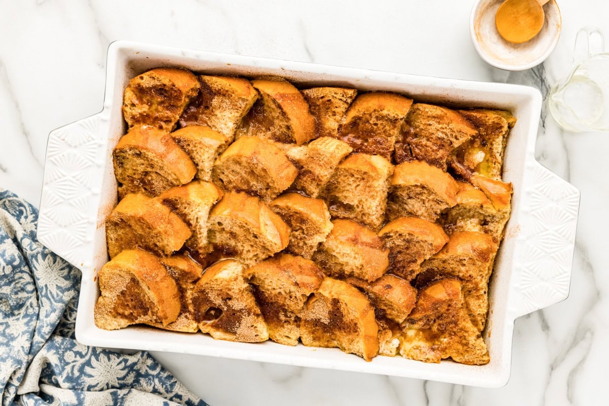French toast casserole sprinkled with cinnamon and sugar.