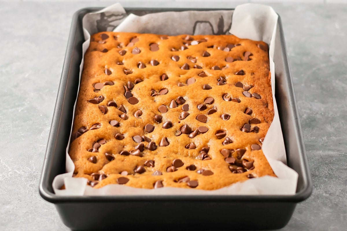Baked pumpkin chocolate chip bars in a pan.