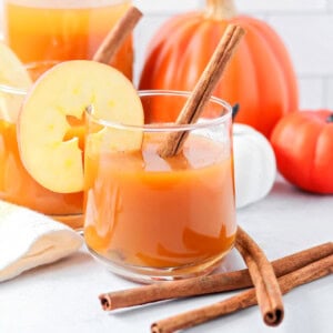 A glass of pumpkin juice with a cinnamon stick in it and apple slice.