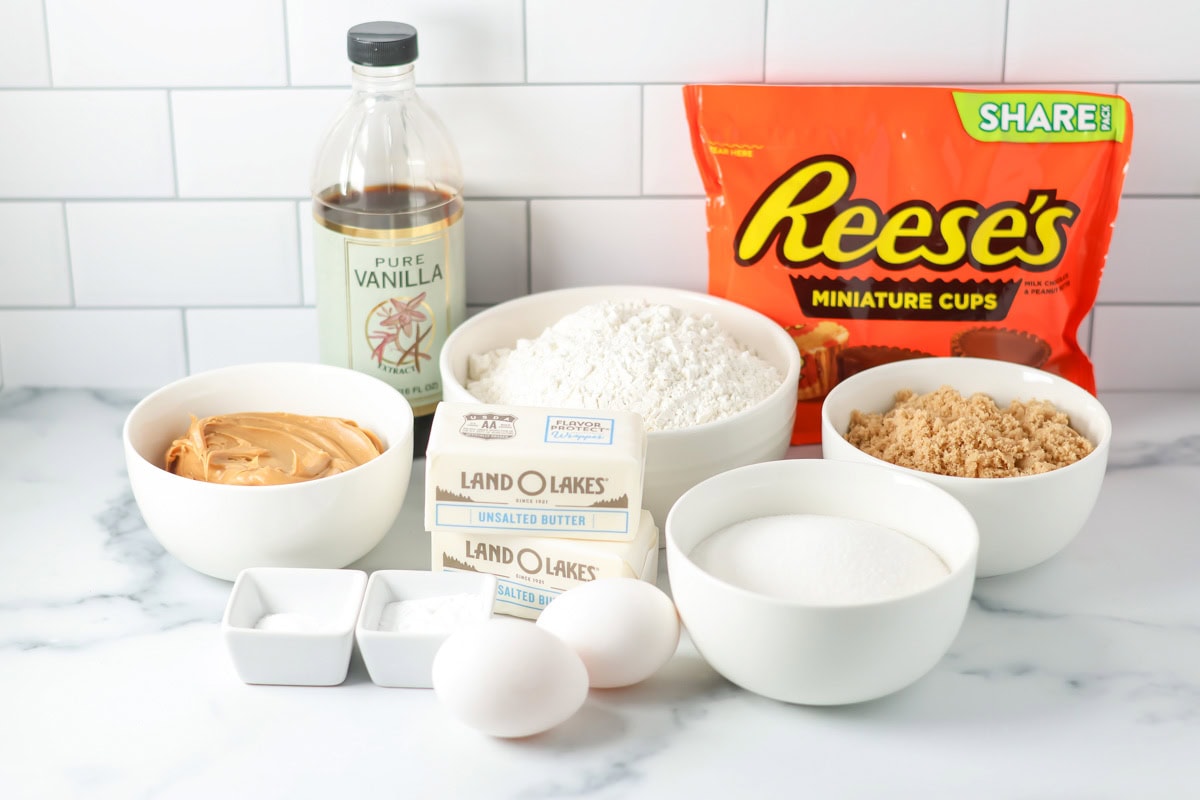 Ingredients to make peanut butter cup cookies.