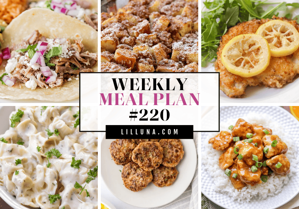 Save yourself some time, money, and stress by using thisย FREE meal planย that includes five main dish ideas with accompanying side dishes and a dessert to top it all off! Meal Plan 220 graphic.