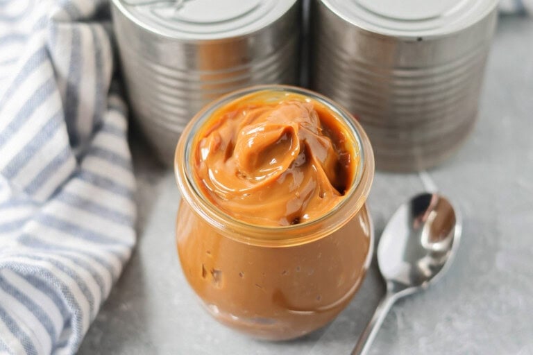 Glass jar with homemade dulce de leche.