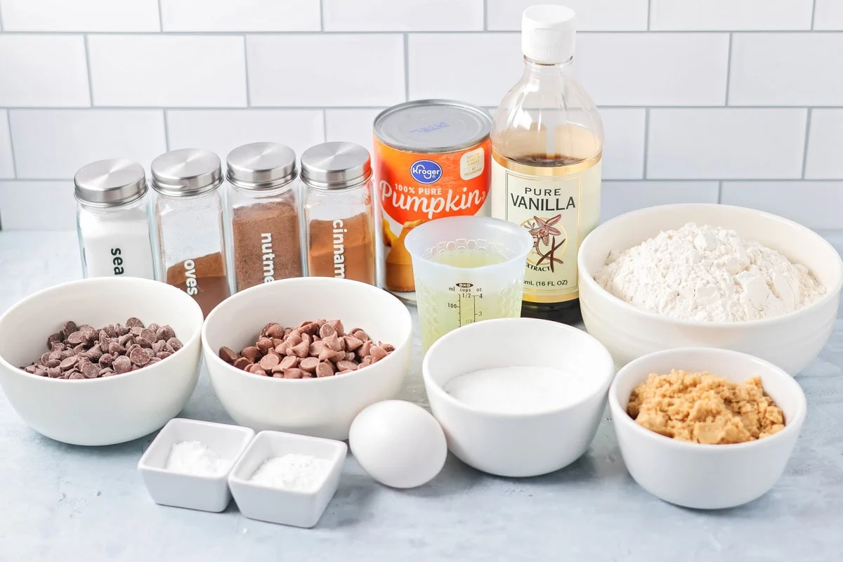 Pumpkin Chocolate Chip Cookies ingredients on counter.