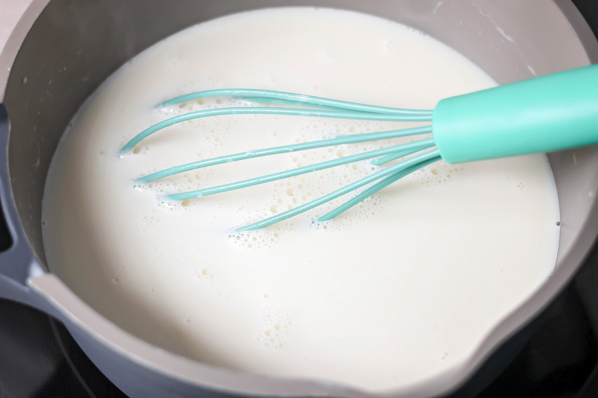 White Hot Chocolate being made in a pot.