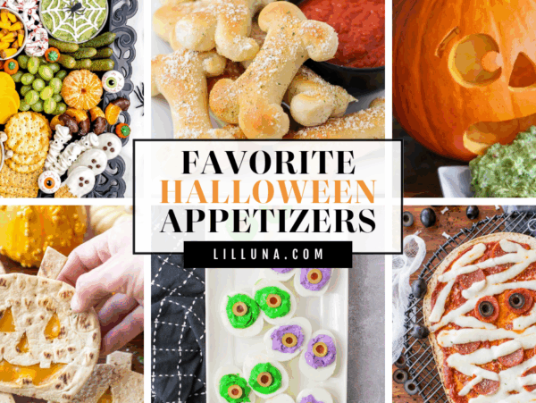 A collage of 6 different Halloween appetizers with a title