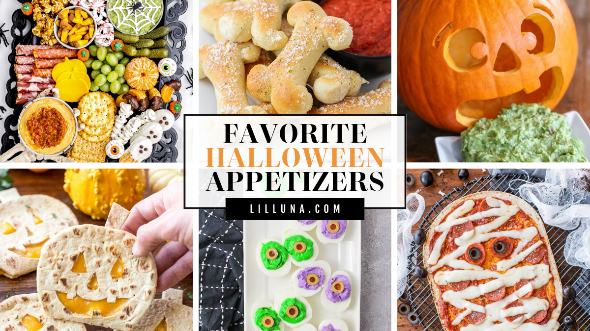 A collage of 6 different Halloween appetizers with a title