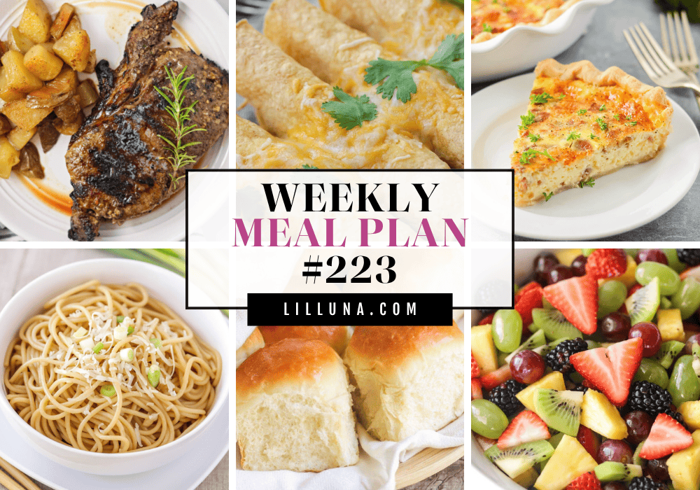 Save yourself some time, money, and stress by using thisย FREE meal planย that includes five main dish ideas with accompanying side dishes and a dessert to top it all off! Meal plan 223 graphic.
