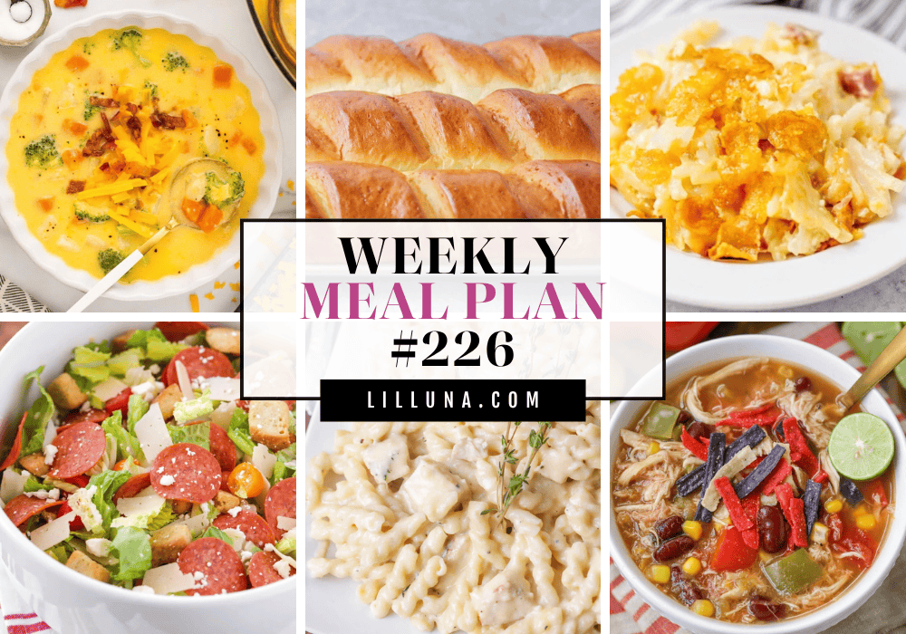 Save yourself some time, money, and stress by using this FREE meal plan that includes five main dish ideas with accompanying side dishes and a dessert to top it all off! Meal plan 226 graphic.