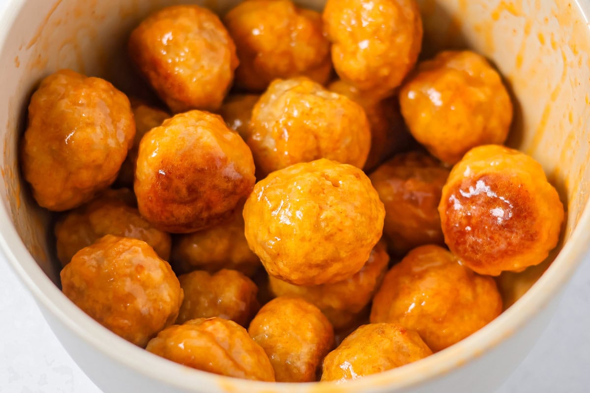 Chicken meatballs tossed in buffalo sauce.