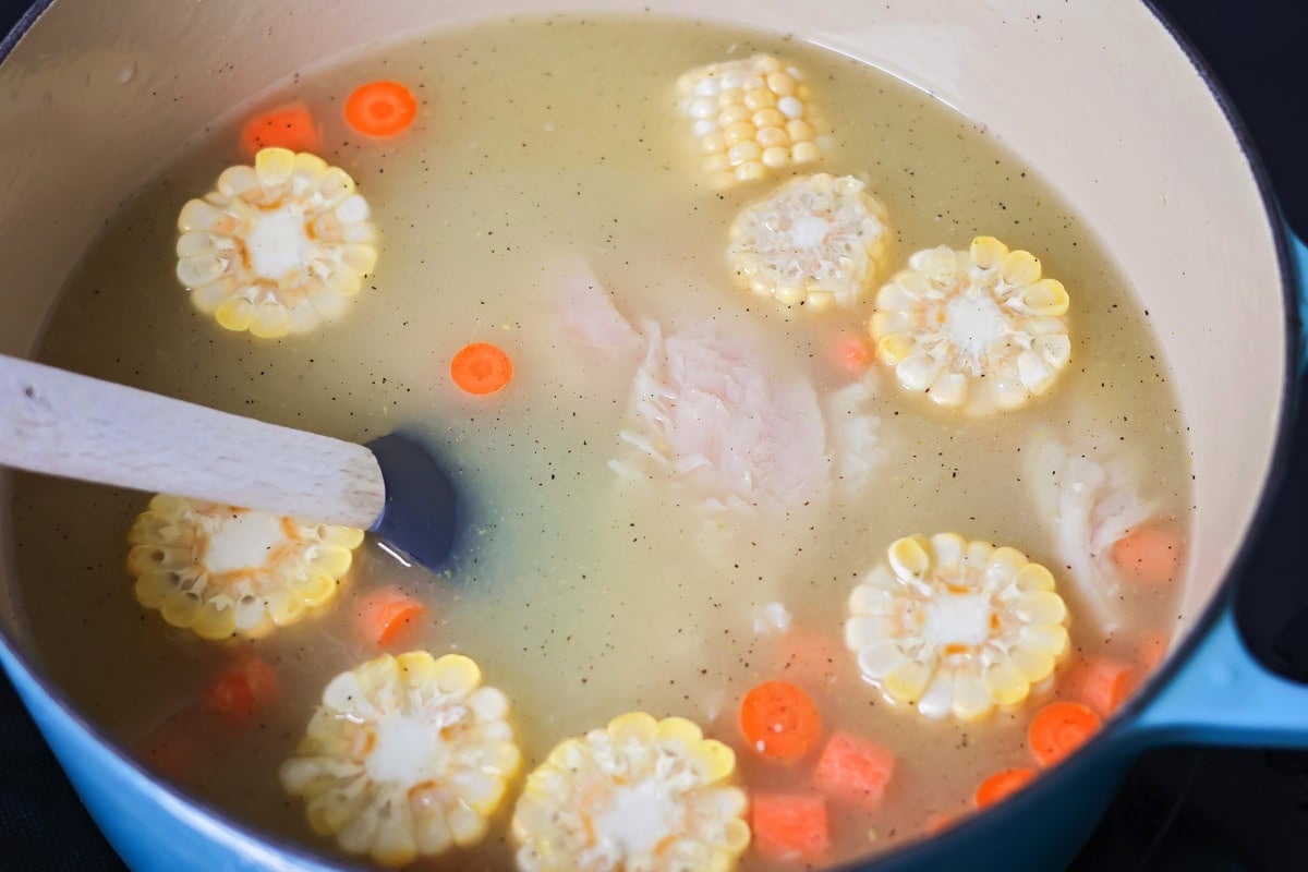 Grandma's famous caldo de pollo is a cozy chicken soup filled with chicken, rice, and Mexican spices and flavors! Chicken and corn cobs simmering in broth.