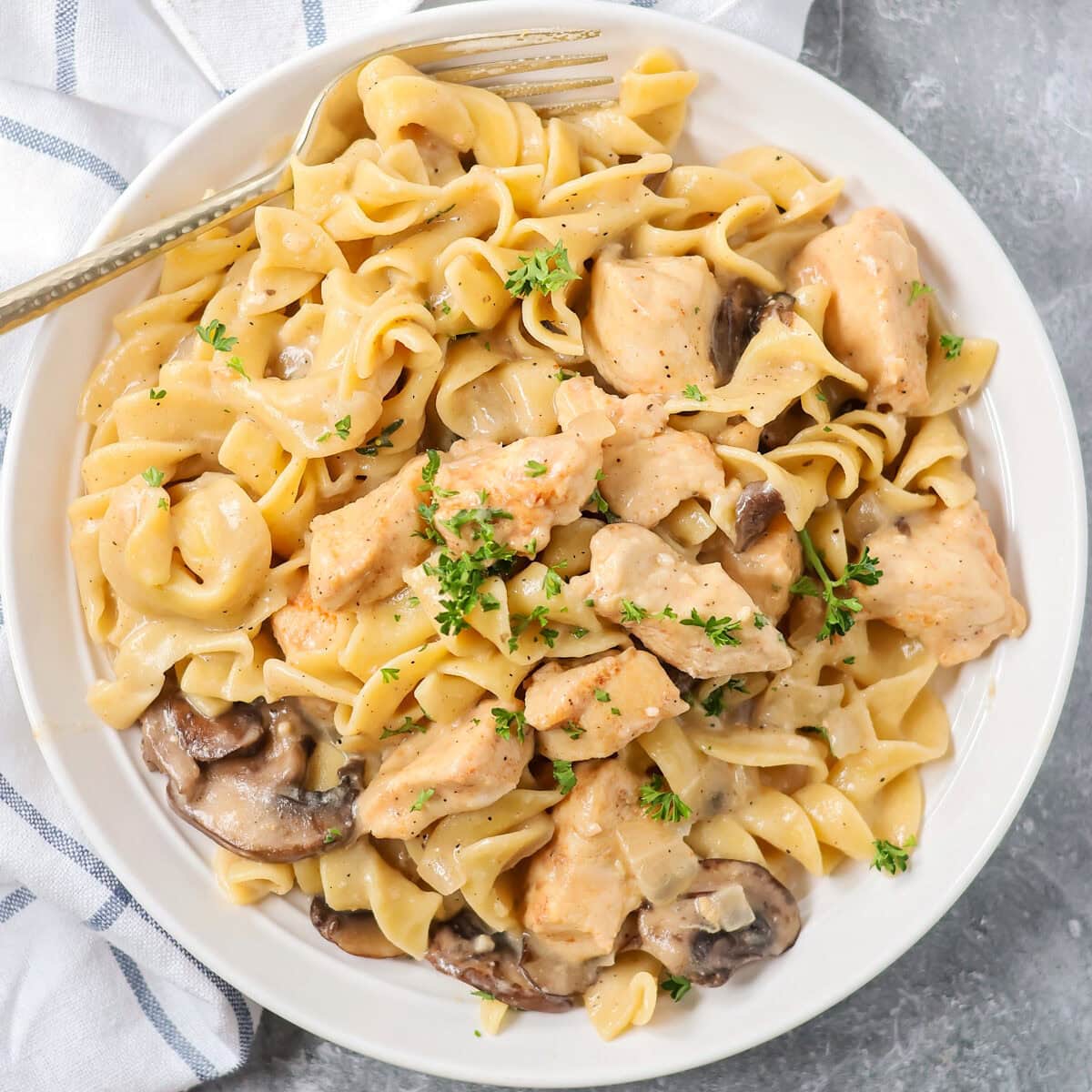 Creamy chicken stroganoff is perfect for dinner any night of the week. It's full of flavor and is made, start to finish, in about 30 minutes! A serving plate with chicken stroganoff.
