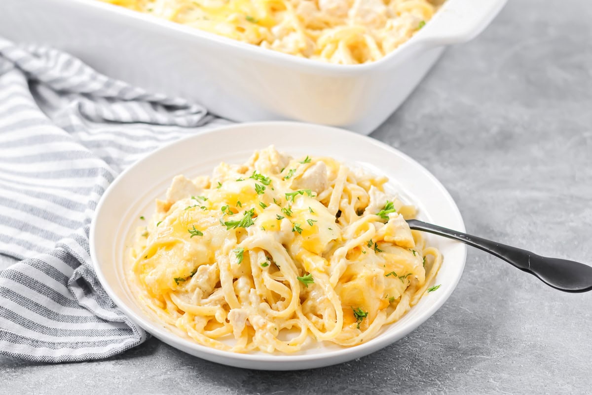 A serving bowl of warm chicken tetrazzini.