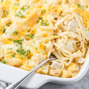 Chicken tetrazzini recipe in a casserole dish.