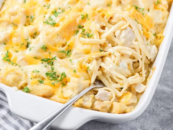 Chicken tetrazzini recipe in a casserole dish.