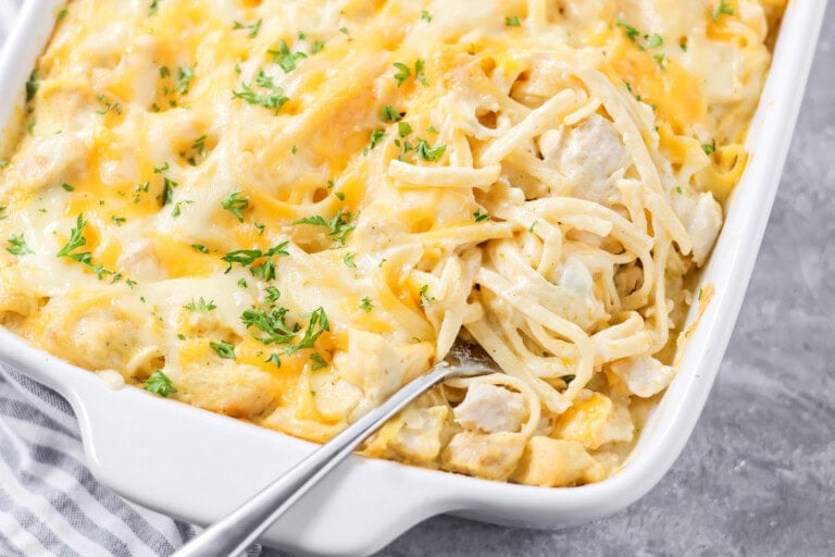 Chicken tetrazzini recipe in a casserole dish.