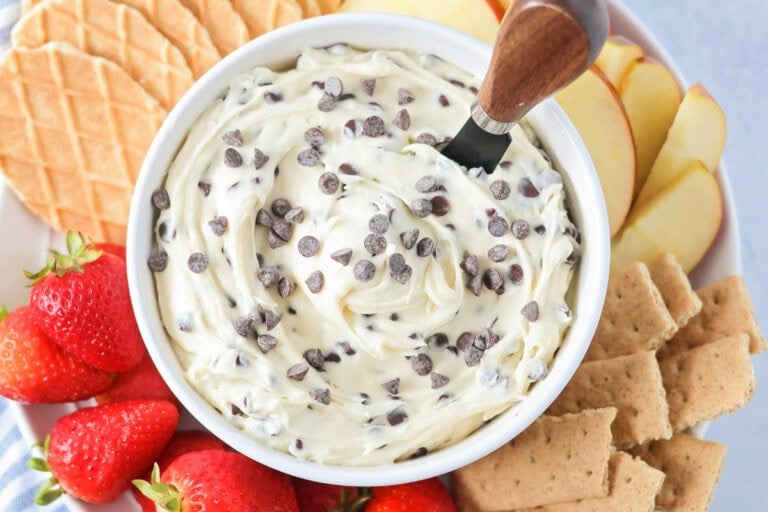 Chocolate chip dip served in a white bowl alongside dippable items.