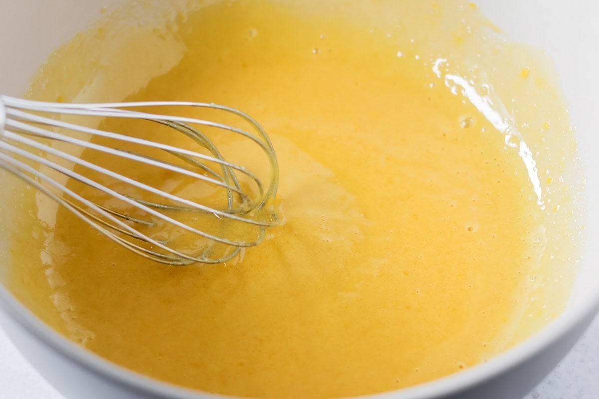 Egg mixture for chocolate creme brûlée recipe.