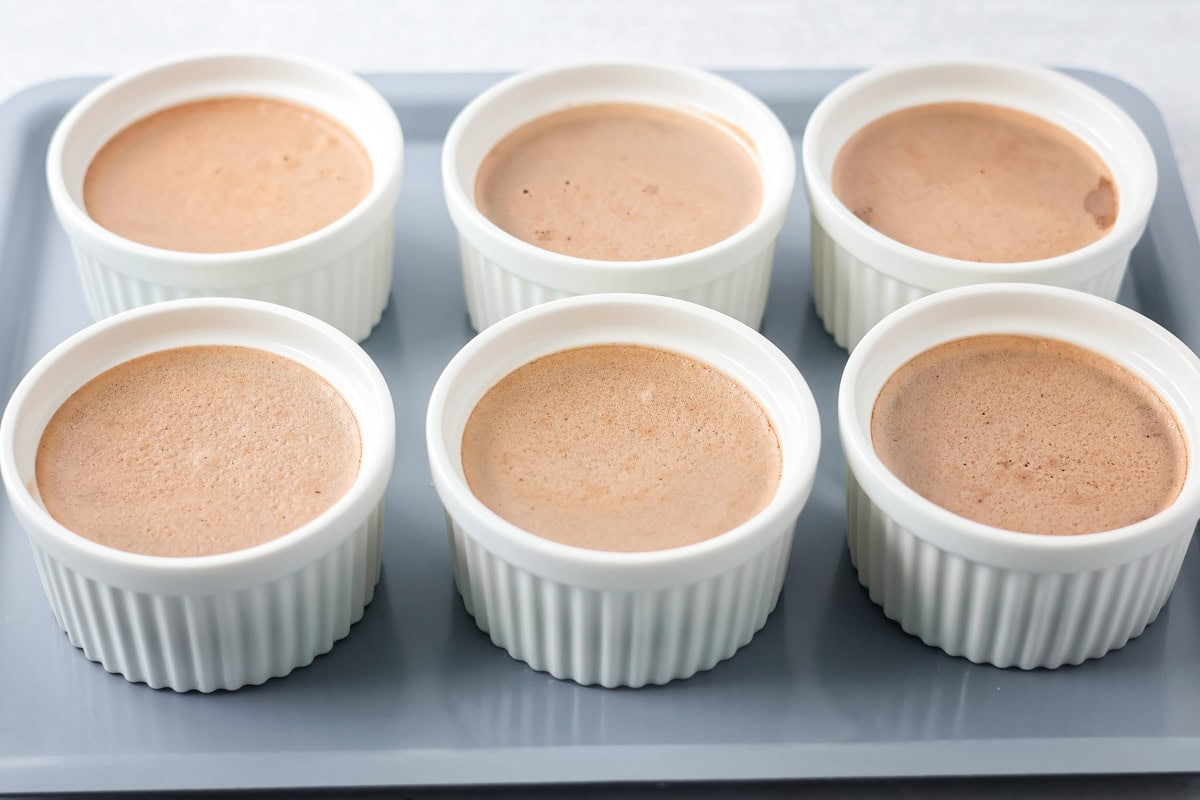 Baked chocolate creme brulee in pan.