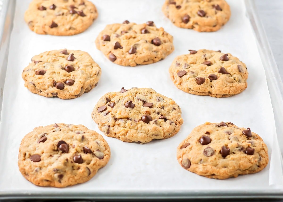 Copycat Doubletree cookies are big, chewy, and baked soft in the center with crisp edges for the ultimate treat. Eight fully baked cookies cooling on a baking sheet.