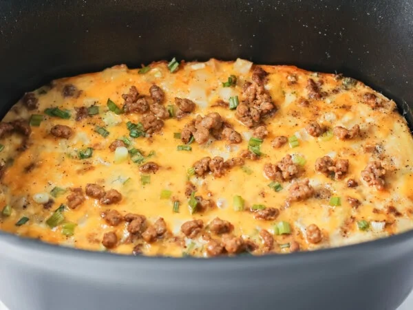 Crockpot breakfast casserole in the crockpot.