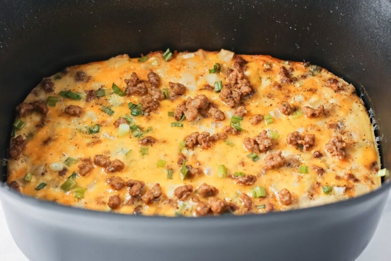 Crockpot breakfast casserole in the crockpot.