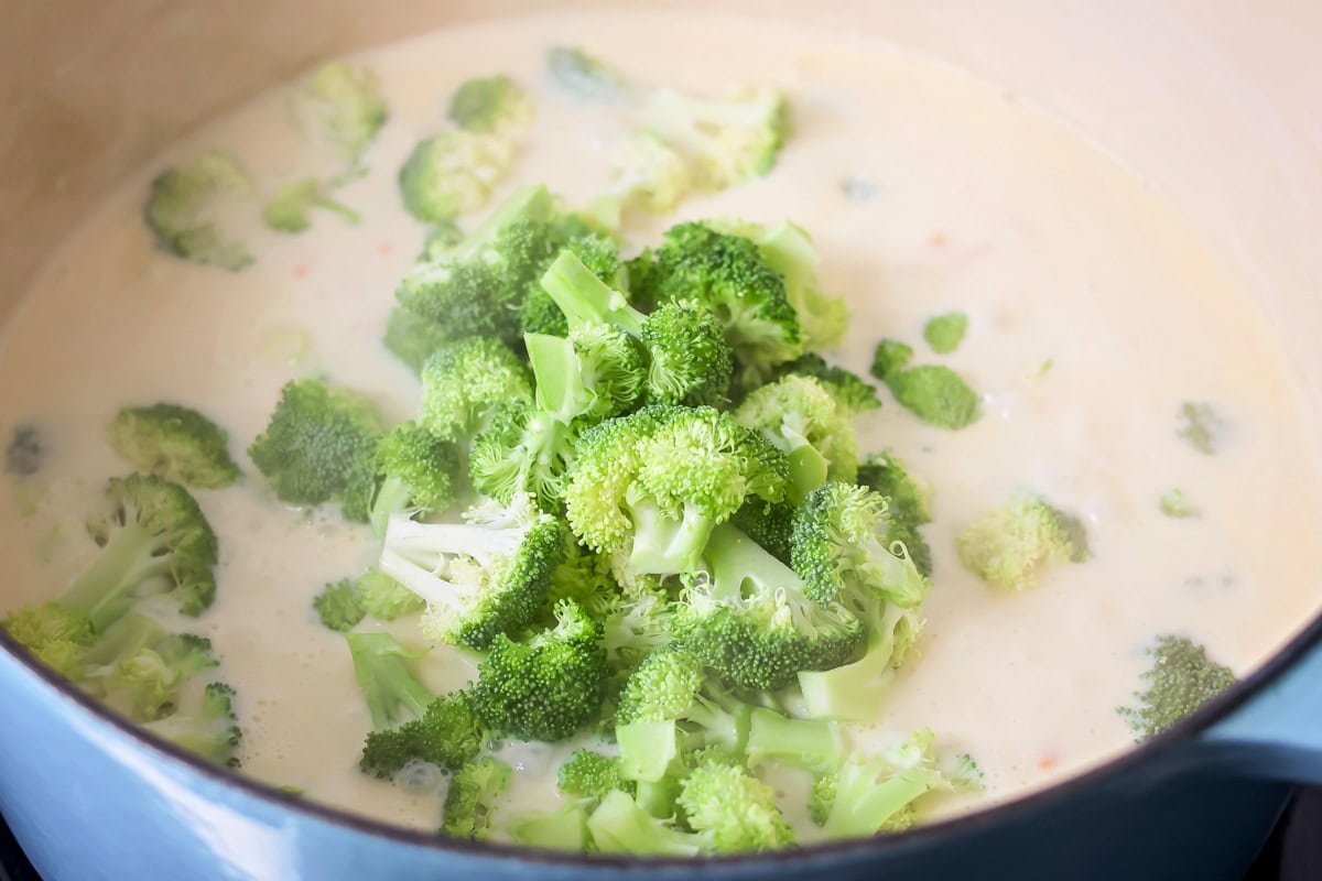 This flavorful Panera broccoli cheddar soup recipe tastes just like the original. Filled with hearty ingredients, it's sure to be a hit! Adding broccoli florets to a sauce pot.