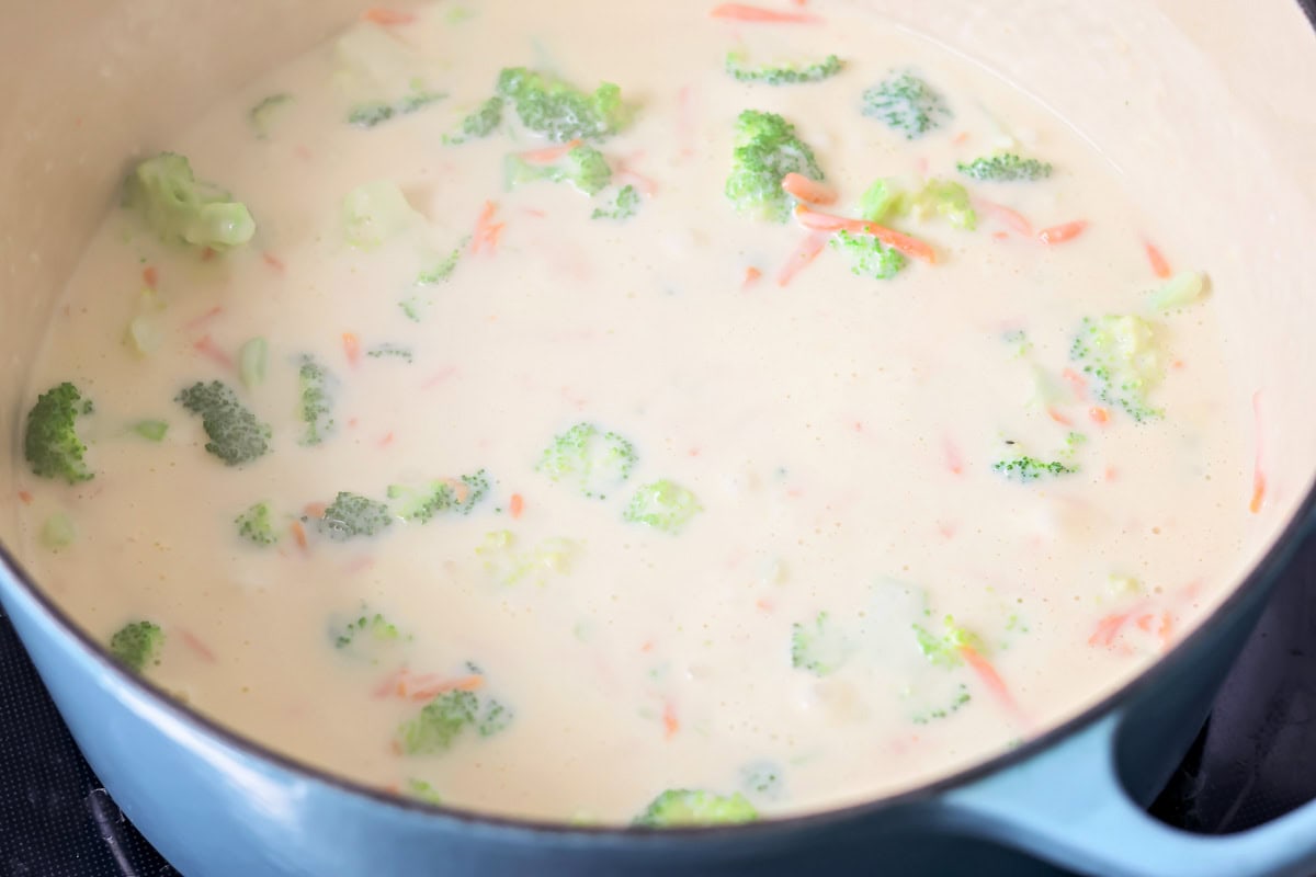 This flavorful Panera broccoli cheddar soup recipe tastes just like the original. Filled with hearty ingredients, it's sure to be a hit! Carrots and broccoli simmering in soup sauce.