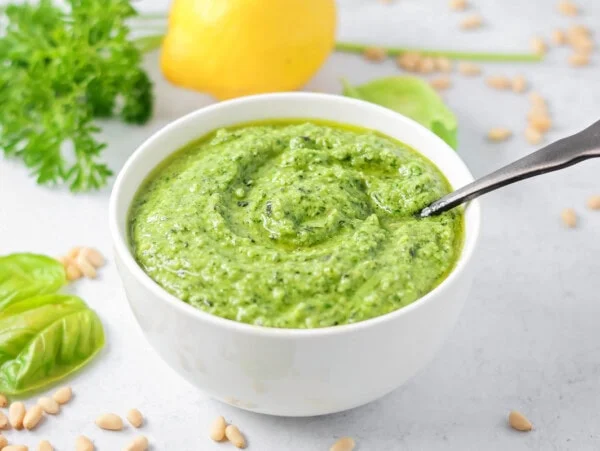 Fresh and homemade basil pesto recipe.