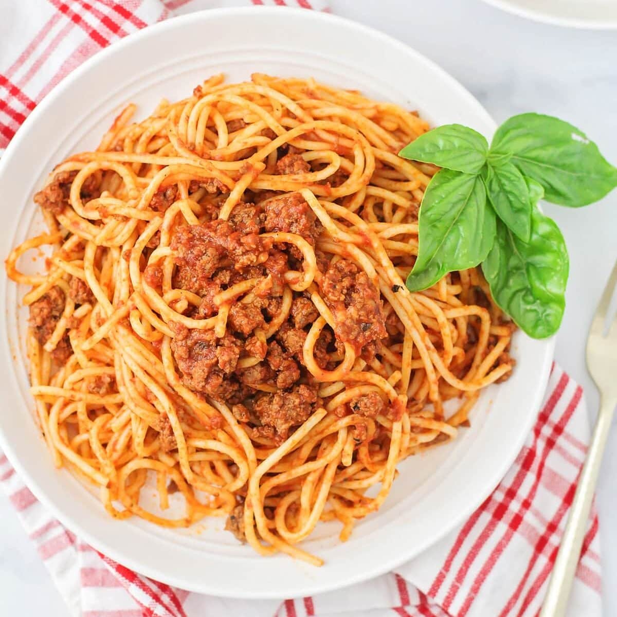 Easy spaghetti recipe close up image on plate with basil on side.