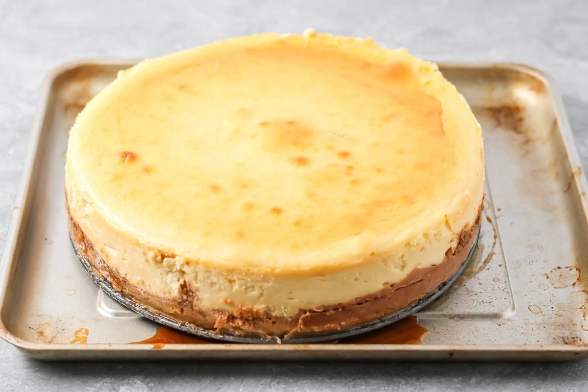 Fully baked cheesecake with springform pan removed.