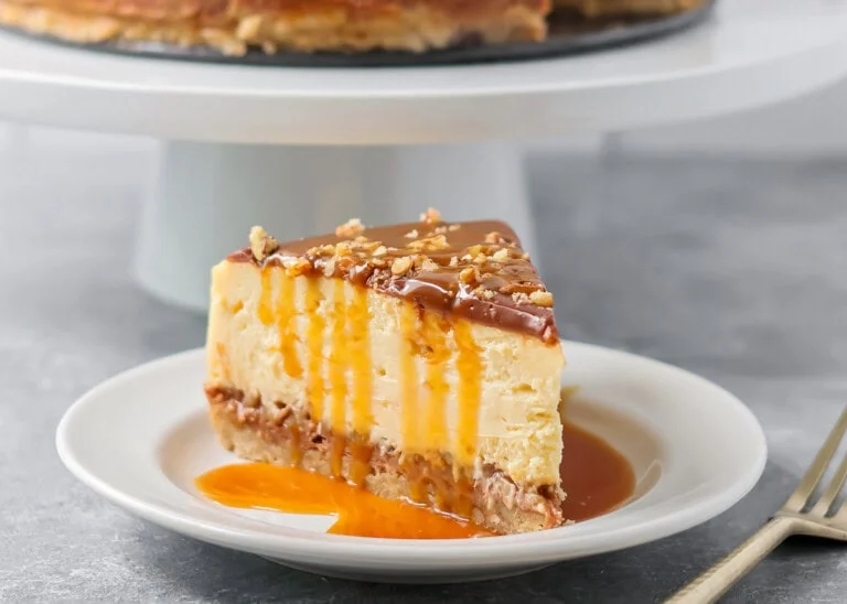 Slice of turtle cheesecake served on a white plate.