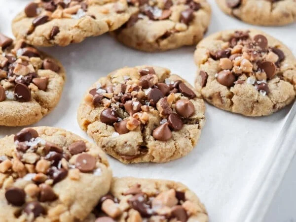 Brown butter toffee chocolate chip cookies fresh out of the oven.