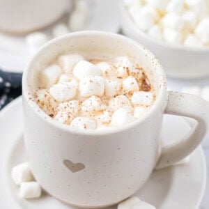 Crockpot hot chocolate recipe poured into mug with marshmallows in it.