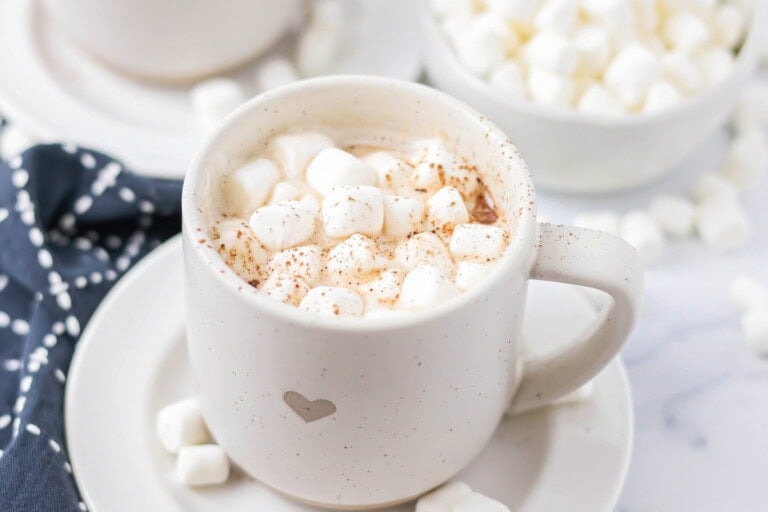 Crockpot hot chocolate recipe poured into mug with marshmallows in it.