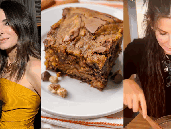 Jennifer Aniston & Sandra Bullock baking Pumpkin Brownies together.
