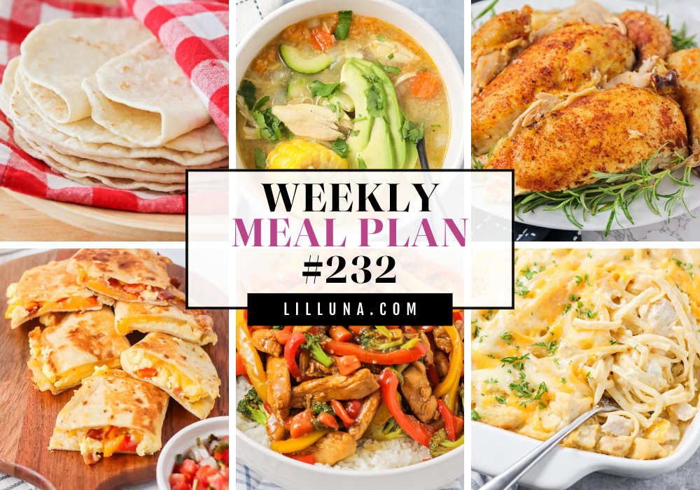 Save yourself some time, money, and stress by using this FREE meal plan that includes five main dish ideas with accompanying side dishes and a dessert to top it all off! Meal plan 232 collage of recipes.