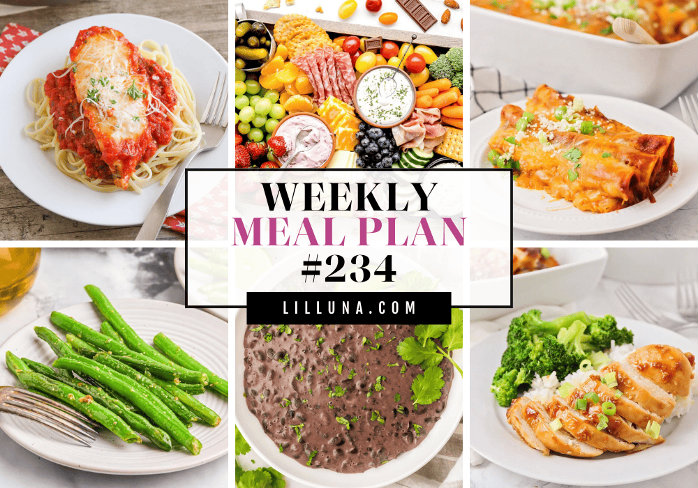 Save yourself some time, money, and stress by using this FREE meal plan that includes five main dish ideas with accompanying side dishes and a dessert to top it all off! Meal plan 234 collage of recipes.