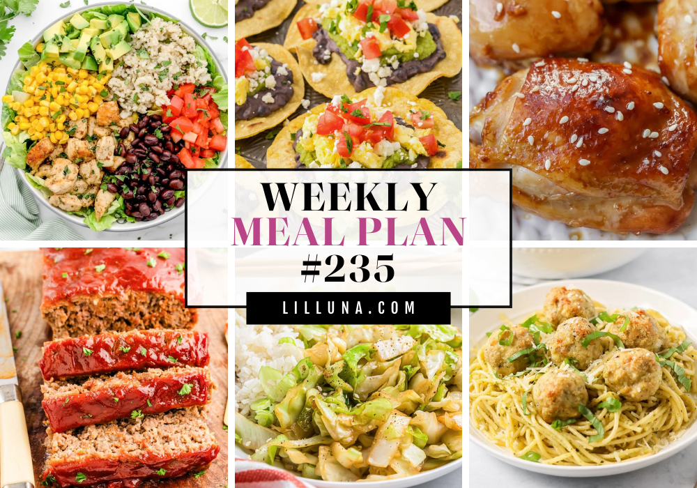 Save yourself some time, money, and stress by using thisย FREE meal planย that includes five main dish ideas with accompanying side dishes and a dessert to top it all off! Meal plan 235 graphic.