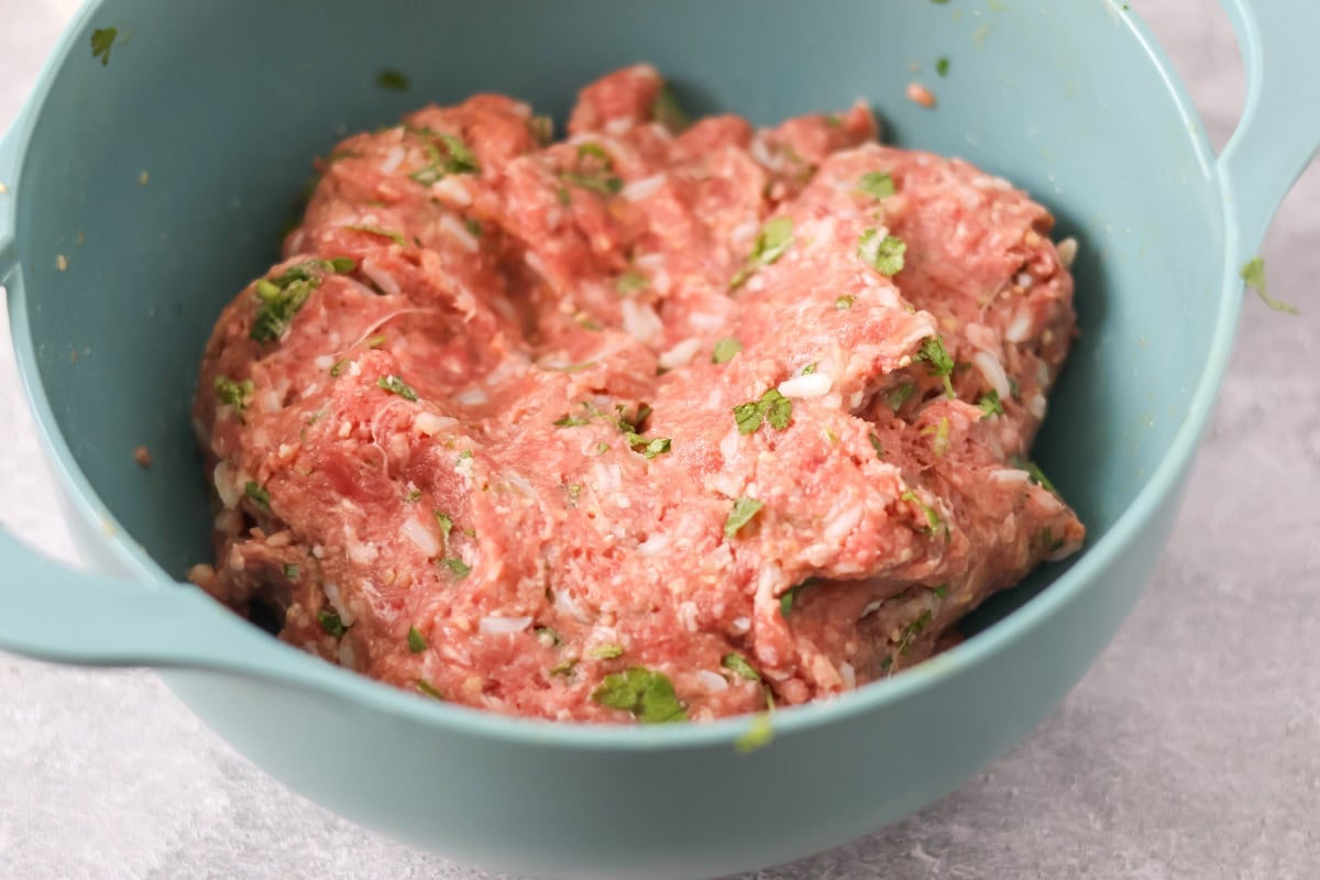 Albondigas meatball raw meat in mixing bowl.