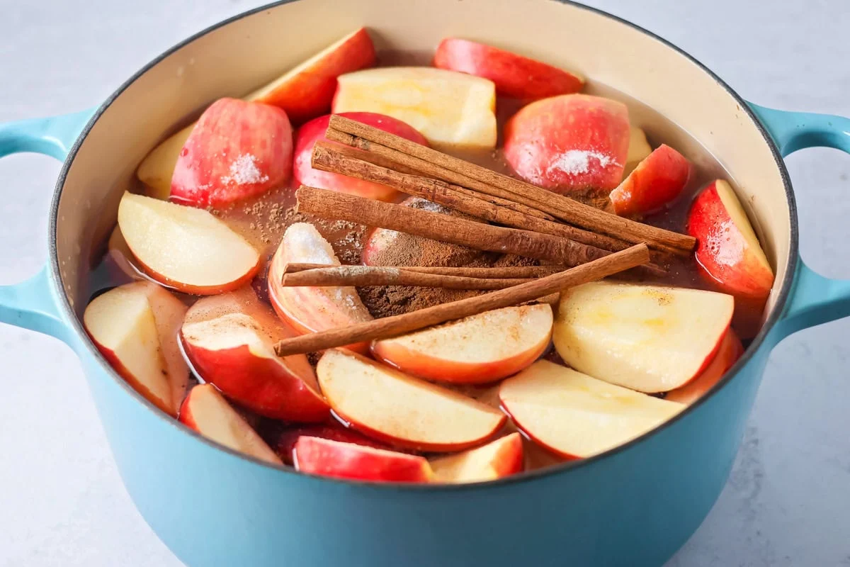 Apples and spices in pot.