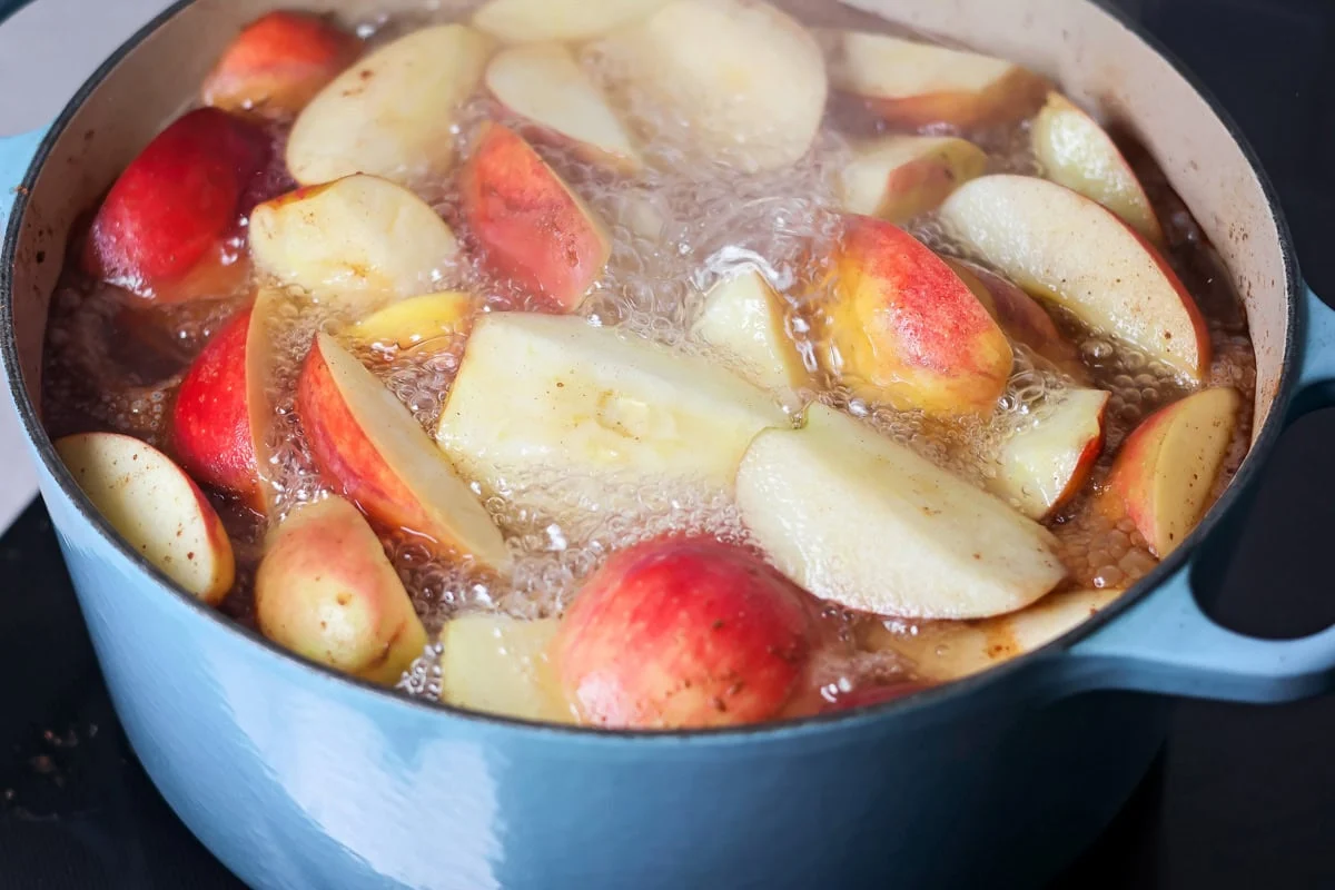 Apples and spices being boiled in large pot.