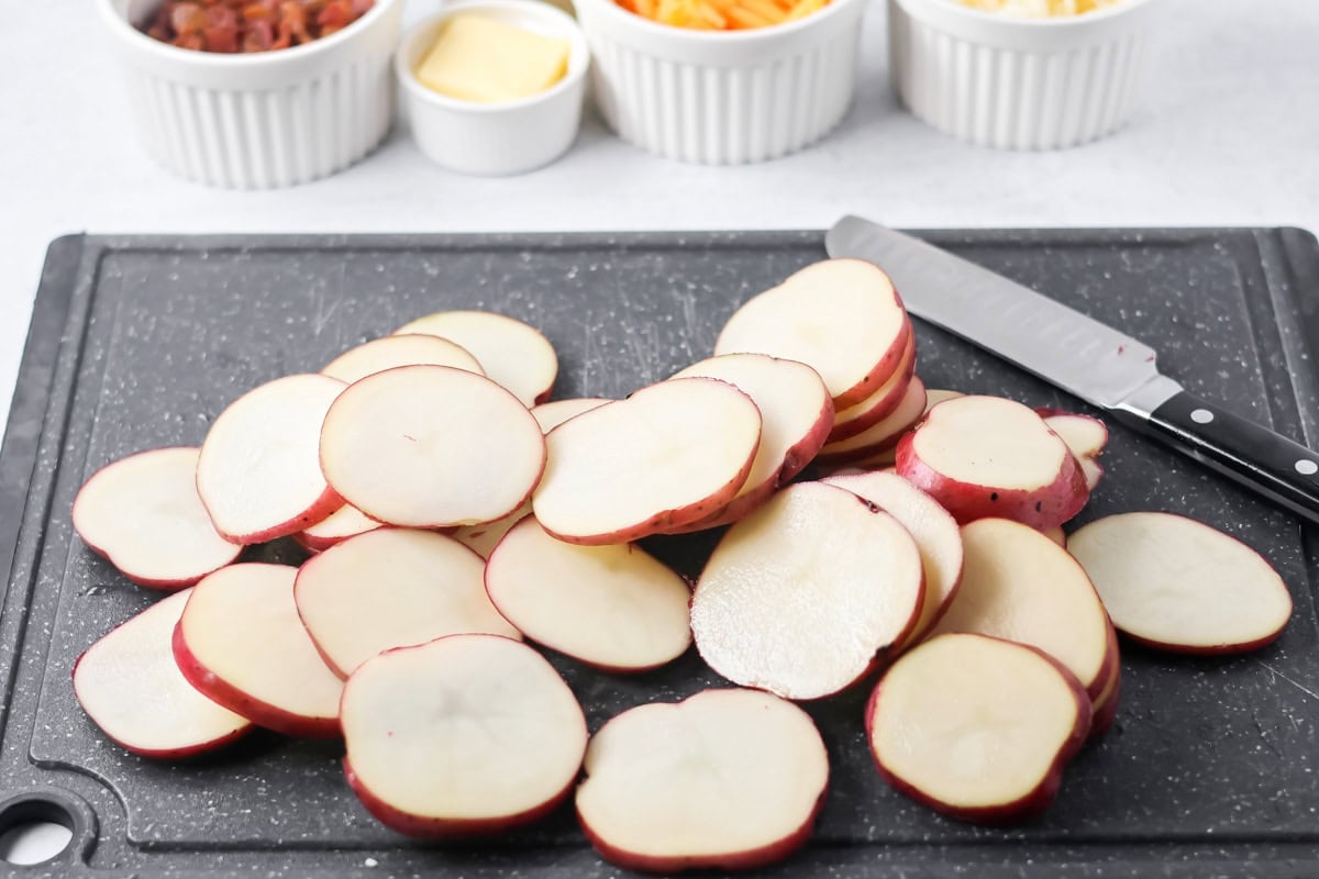 Red potatoes cut into thin slices.