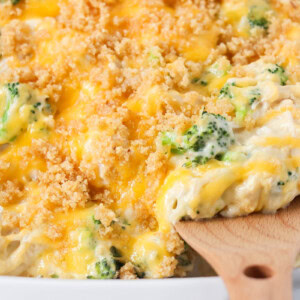 Chicken Broccoli Casserole recipe being scooped out of dish.