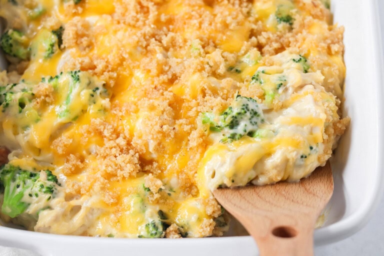 Chicken Broccoli Casserole recipe being scooped out of dish.