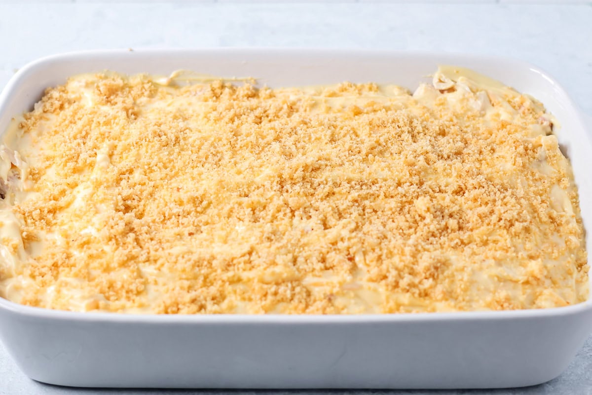 Breadcrumbs spread over broccoli cheese casserole recipe.
