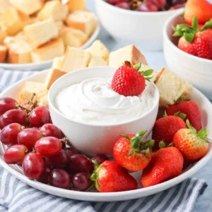 Homemade fruit dip recipe in white bowl.