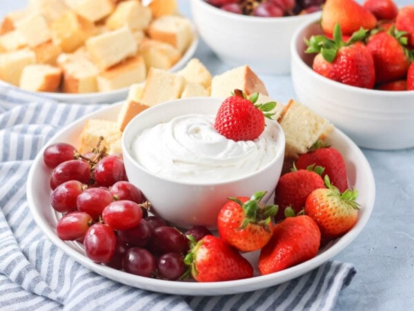 Homemade fruit dip recipe in white bowl.